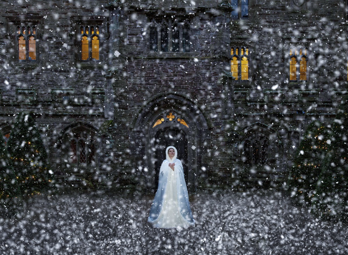 A winter bride in a courtyard