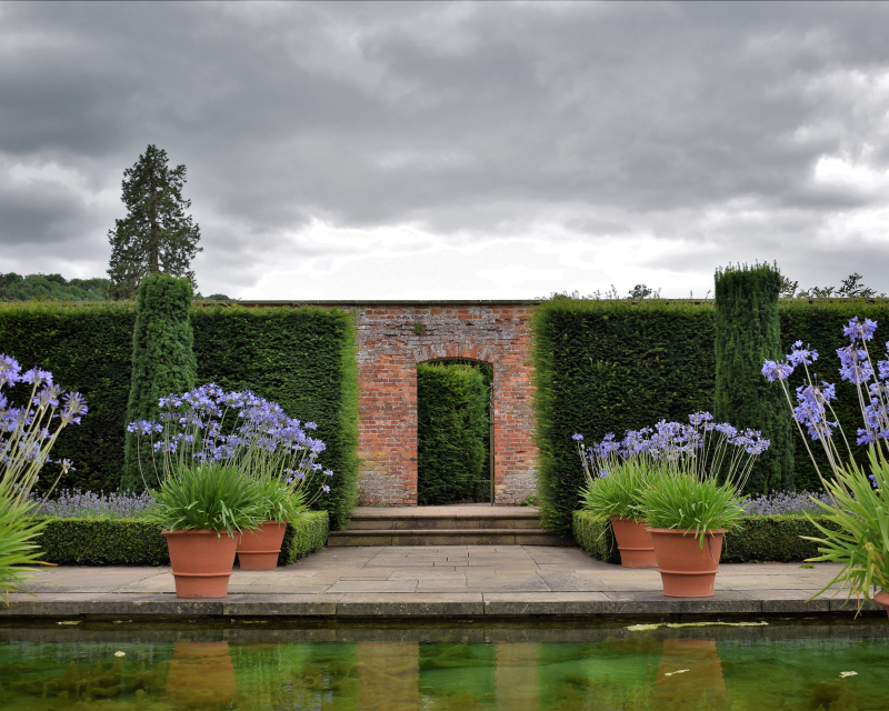 Doorway across water and paths with pots of purple flowers