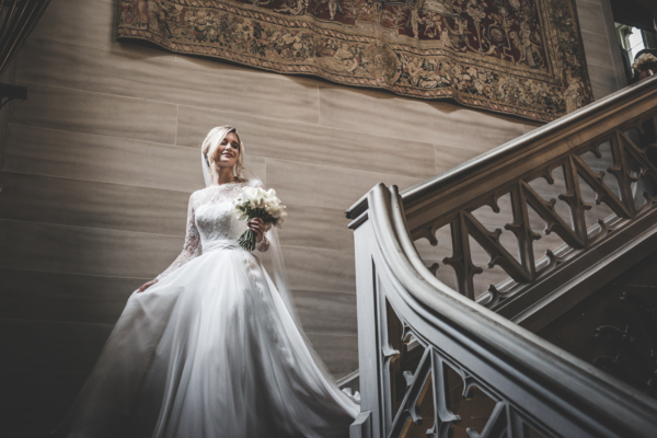 A bride descending a staircase