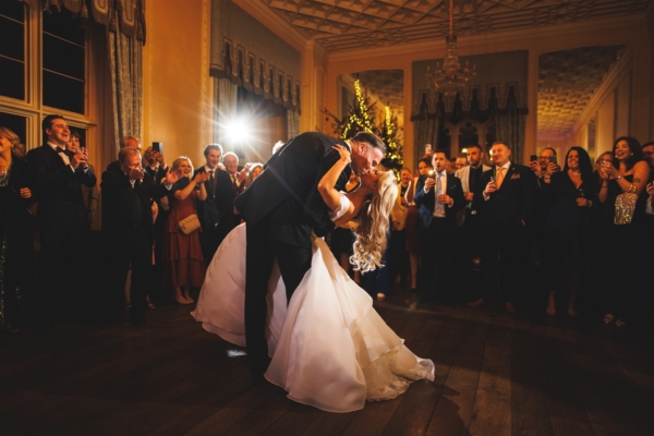 bride and groom first dance at Hampton Court Castle evening reception
