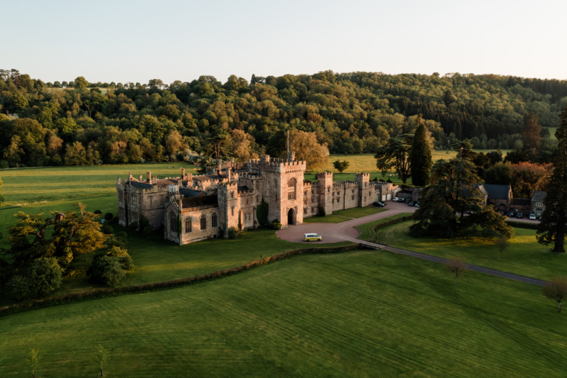 exterior aerial shot of Hampton Court Castle wedding venue